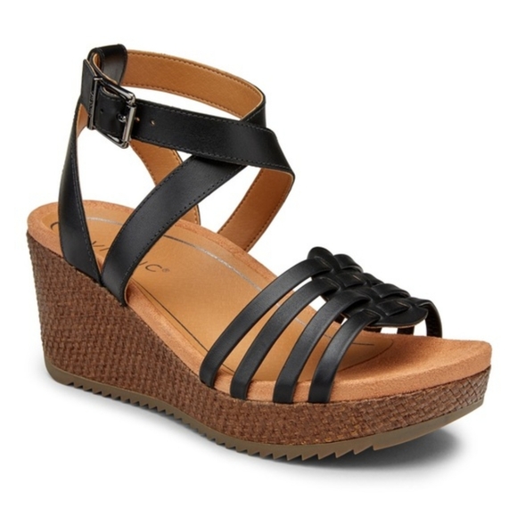 Vionic Shoes - Vionic Clarisa Raffia Black Leather Wedge Sandals Size 9